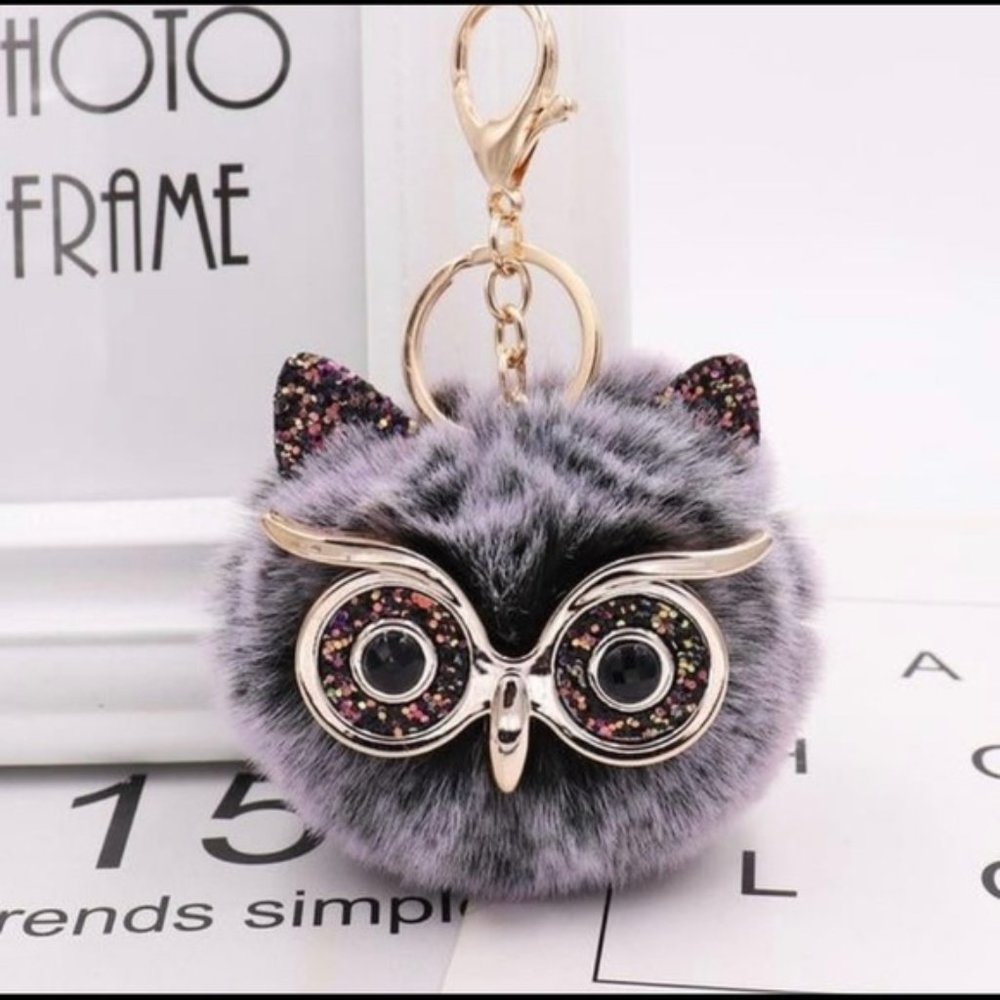 Bag Charm OWL Keychain Fuzzy Purse Gray Glasses Rhinestones Plush Glam Trendy